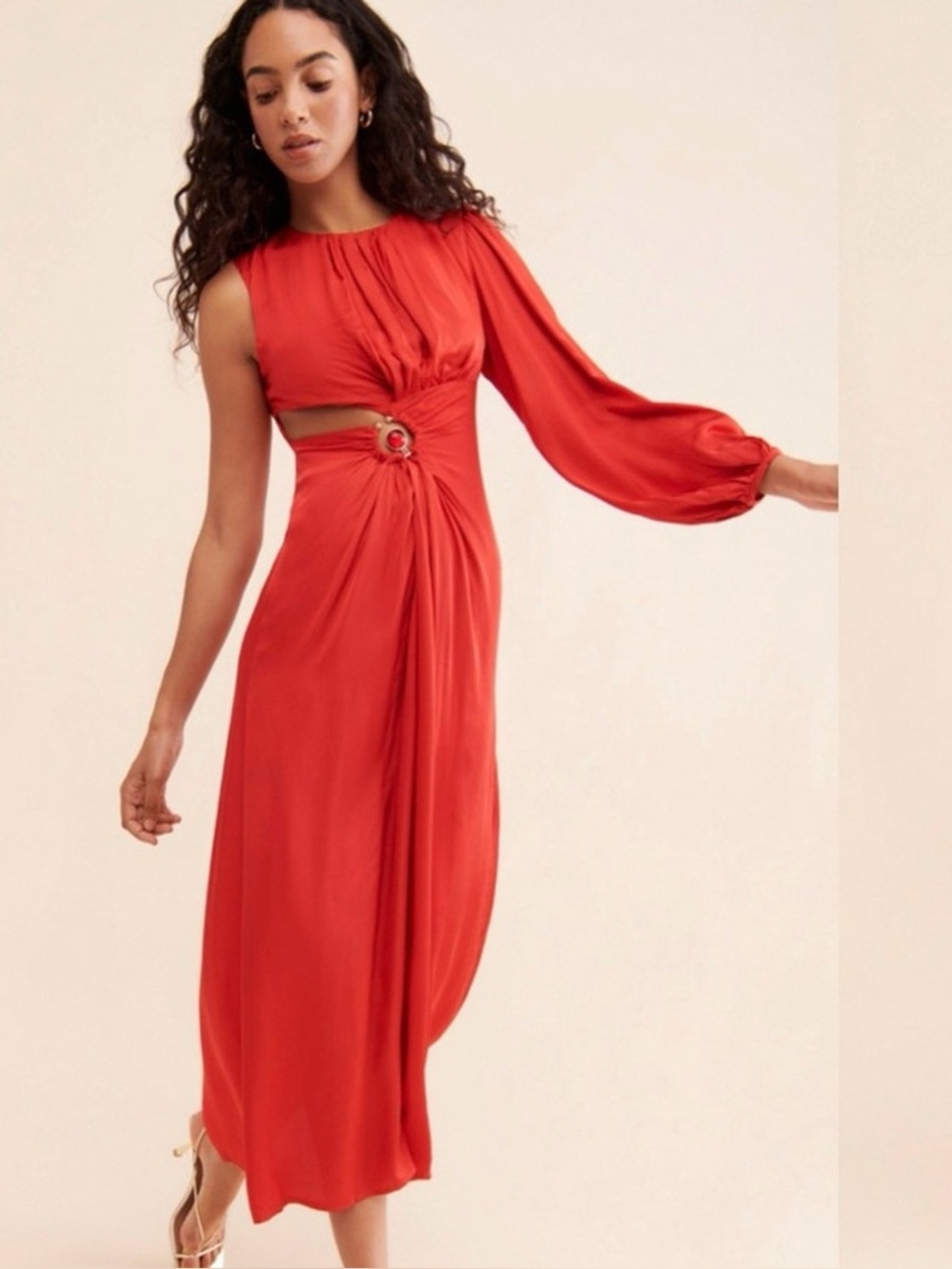 Farm Rio Red One-Shoulder Cutout Midi Dress XS